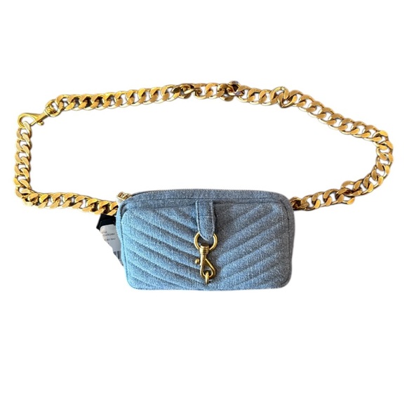 Rebecca Minkoff Eddie Blue Denim Chevron Quilted Gold Chain Belt Bag NWT - Picture 5 of 16